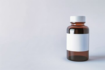 Amber glass medicine bottle with white label on a neutral background