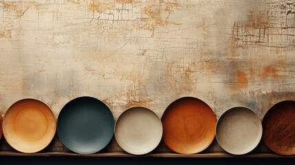 Wall Mural - Ceramic Plates Arranged on Wooden Shelf Against Weathered Wall