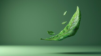 Poster - Green Leaf Falling on a Green Background