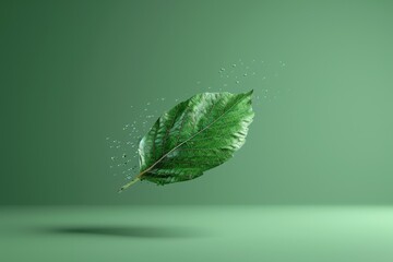 Poster - Single Green Leaf Floating in Air with Water Droplets