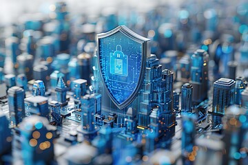 Poster - A cityscape with a blue shield on top of a building