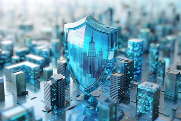 Poster - A blue shield with a city in the background