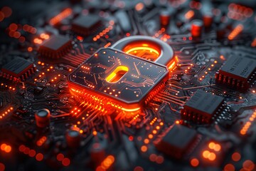 Poster - A computer chip with a glowing lock on it