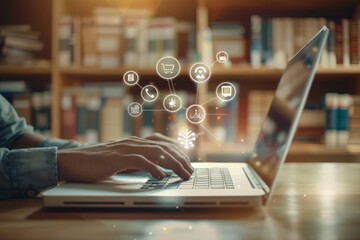 Leinwandbilder - In a cozy library, hands are typing on a laptop keyboard with digital icons, capturing online activities, showcasing technology in a modern workspace, embodying innovation and connectivity