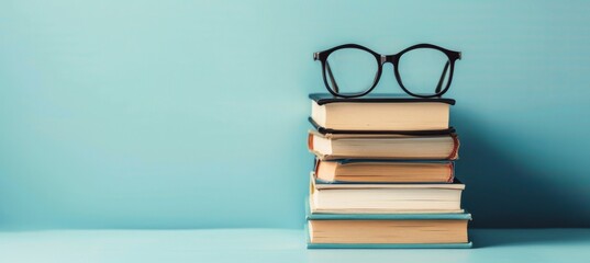 Aufkleber - A stack of books with glasses on top symbolizes education, reading, knowledge, and learning. Keywords books, glasses, education, reading, knowledge, stack, blue background, study, learning