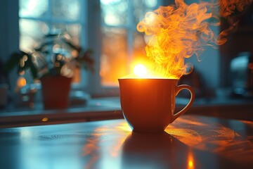 Wall Mural - A white coffee cup with steam rising from it, sitting on a table