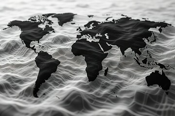 a black and white image of the world with a wave in the background