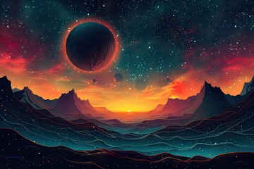 Wall Mural - A colorful space scene with a large planet and a small planet in the foreground