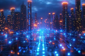 Poster - A cityscape with a blue sky and orange lights