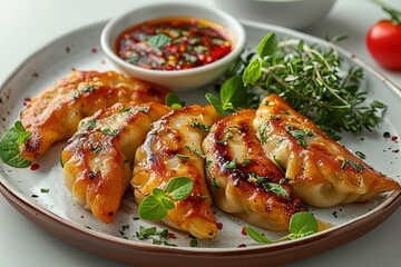 Wall Mural - A plate of dumplings with parsley and a dipping sauce