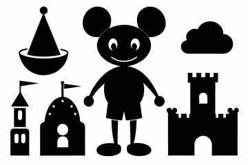 Wall Mural - Cute icons cartoon style silhouette black color vector art illustration 