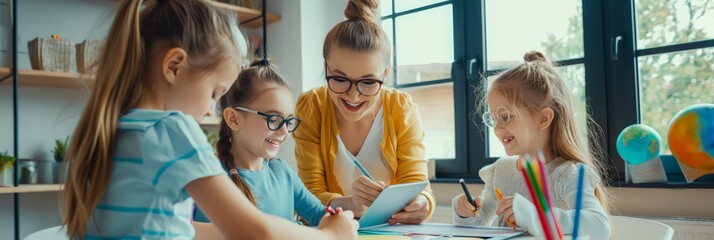 Poster - Inside a classroom, a dynamic teacher is encouraging three cheerful students to participate in engaging learning activities, promoting interaction and a positive educational setting