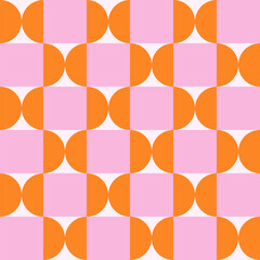 Poster - Trendy retro geometric seamless pattern with colorful semicircles and squares. Modern abstract background. Pink, beige and orange colors. Vector illustration