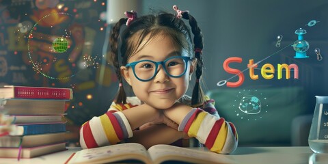 Aufkleber - A young girl, curious about STEM, studies various concepts to enhance her education and future. Her enthusiasm and creativity make her a promising young scientist with a bright future