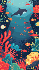 Wall Mural - Underwater scene in a flat design style cartoon children illustration