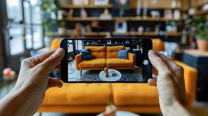 Man in glasses browsing furniture items in a virtual showroom filled with various decor options.