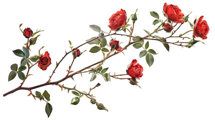branches with red roses and green leaves on a transparent background