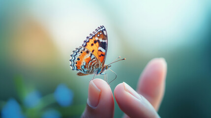 Beautiful colorful butterfly on finger. Close-up view of Butterfly on human hand. Harmony of tropical nature beauty magic on background with copy space.