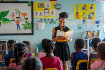 Poster - In a vibrant classroom setting, a teacher is using interactive methods to engage a varied group of students, fostering a positive educational environment through reading and promoting learning