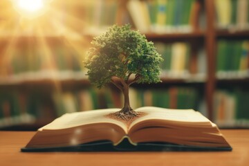 Poster - Picture of a tree sprouting from a book, in a library with sunlight, signifying growth and expansion of knowledge. Keywords tree, book, library, sunburst, knowledge, growth, education, concept