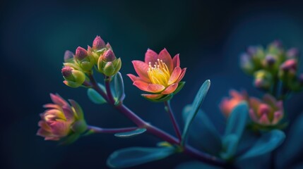 Wall Mural - colorful macro photography of isolated stonecrop flower with buds and leaves on dark blue backdrop