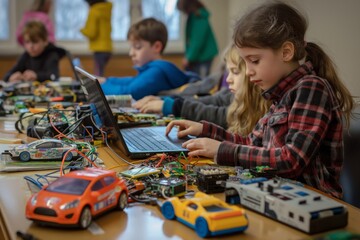Aufkleber - Students actively participating in a workshop focused on robotics and coding, aimed to enhance their skills in STEM education through teamwork and handson programming with laptops and robotic cars