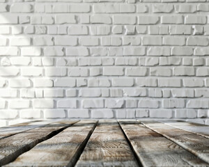 Poster - Empty wooden table in front of white brick wall with sunlight