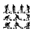 © MdTanvir - Curling sports player silhouette vector. Man curling player delivering a stone on a curling rink, sliding over ice. Boy brushing ice directing stone.