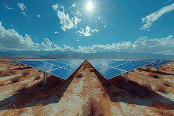 A solar panel array in a desert, capturing the sun energy to provide renewable electricity. 