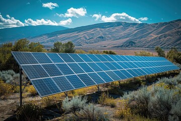 A solar panel array in a desert, capturing the sun energy to provide renewable electricity. 