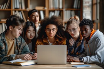 Poster - Diverse Group of Students Collaborating on Laptop Project in Library. The teamwork involves students from different backgrounds working together on a project in an educational setting