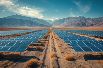 a solar panel array in a desert, capturing the sun energy to provide renewable electricity.