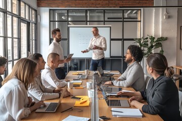 Aufkleber - In a modern office, professionals meet in a team to discuss ideas collaboratively. The setting features a conference room, whiteboard, laptops, emphasizing teamwork and communication