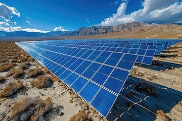 A solar panel array in a desert, capturing the sun energy to provide renewable electricity. 