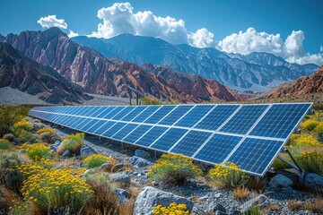 a solar panel array in a desert, capturing the sun energy to provide renewable electricity.