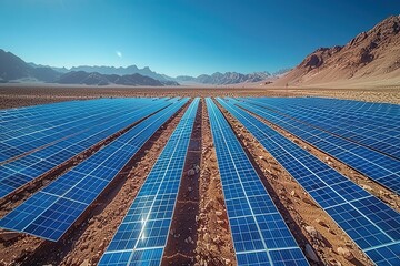 A solar panel array in a desert, capturing the sun energy to provide renewable electricity. 