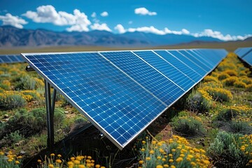 A solar panel array in a desert, capturing the sun energy to provide renewable electricity. 