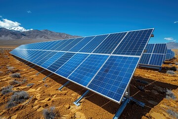 A solar panel array in a desert, capturing the sun energy to provide renewable electricity. 