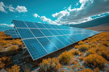 A solar panel array in a desert, capturing the sun energy to provide renewable electricity. 