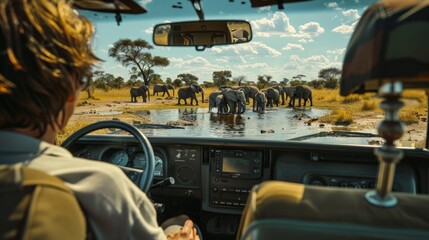 Man on a safari vehicle watching a herd of elephants at a watering hole, illustrating wildlife encounters in their natural habitat.