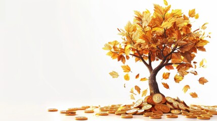 A tree with vibrant leaves emerging from crypto coins, realistic background, representing digital financial growth, isolated on a white background with room for text