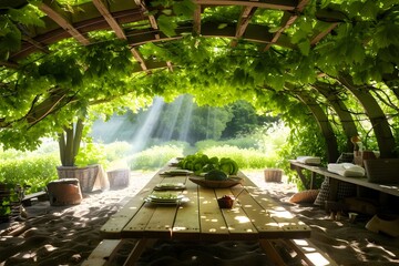 Canvas Print - Serene Garden Hideaway Under Lush Salad Burnet Canopy on Sunny Summer Day