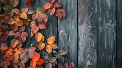 Poster - Autumn foliage against wood backdrop