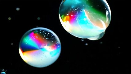 Poster - Colorful soap bubbles with rainbow reflections floating on a black background Symbolizes planets, dreams, and the universe, film overlay effect, motion elements, video effects
