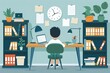 © MelodyStock - Flat design illustration depicting a child immersed in homework at a well-organized desk. The child is surrounded by essential study materials like books, notebooks, and writing tools. The background