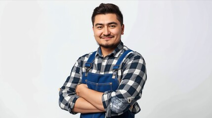 Canvas Print - A man in overalls standing with his arms crossed.