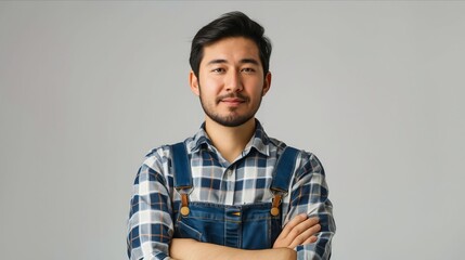 Poster - Asian man in overalls standing with his arms crossed.