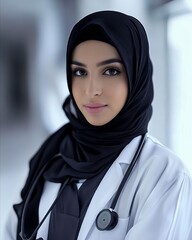 Wall Mural - A woman in black hijab with a stethoscope.