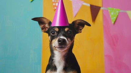 Wall Mural - Adorable dog wearing party hat on colorful backdrop