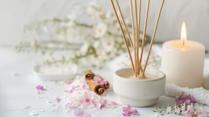 Wall Mural - Aromatic sticks for spa treatments against white backdrop